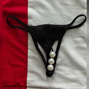 Elegant Black Pearl-Embellished Women's Thong, Size S